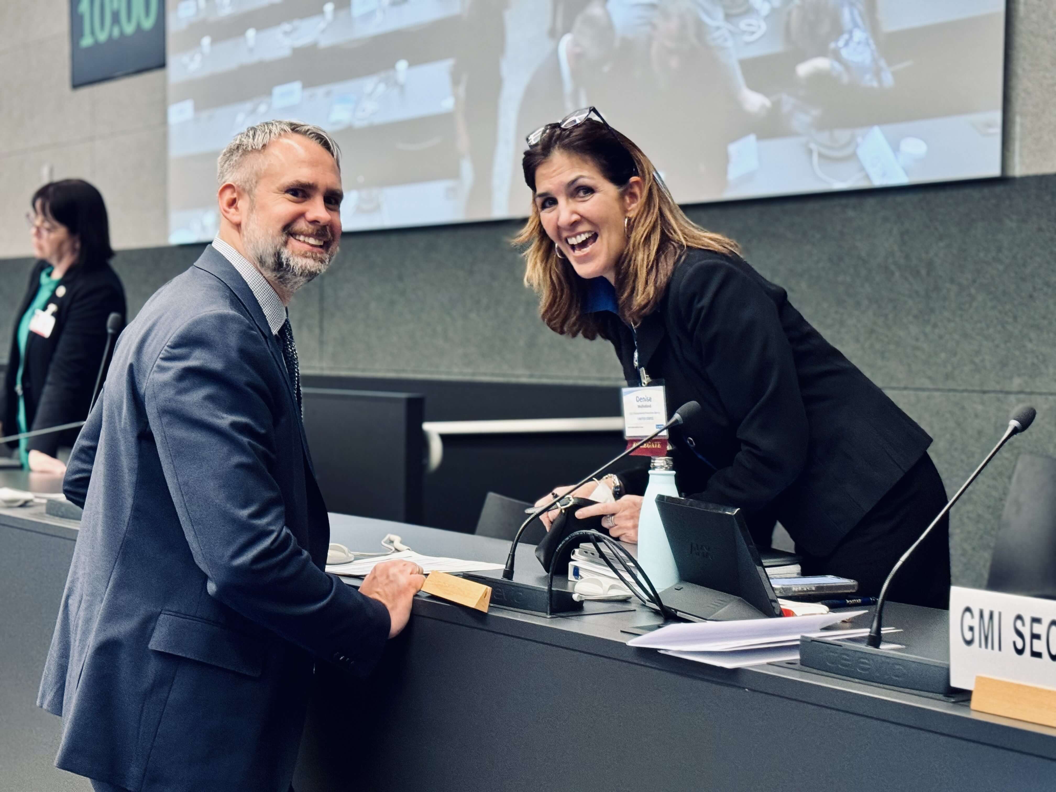 Michal Drabik (left), UNECE, with Denise Mulholland, GMI Secretariat Director, at the 2024 Global Methane Forum in Geneva, Switzerland. <br><span class='small text-muted'>(2024, Geneva, Switzerland)</span>